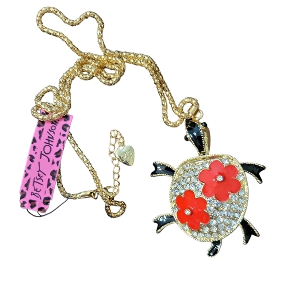 Gold Necklace with Red Floral Pendant Betsey Johnson Turtle Head And Feet Move - Picture 2 of 6
